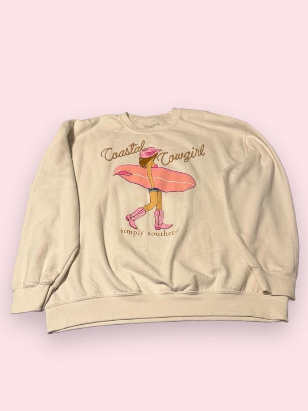 Simply Southern Cream Crewneck with Pink Surf Cowgirl Graphic